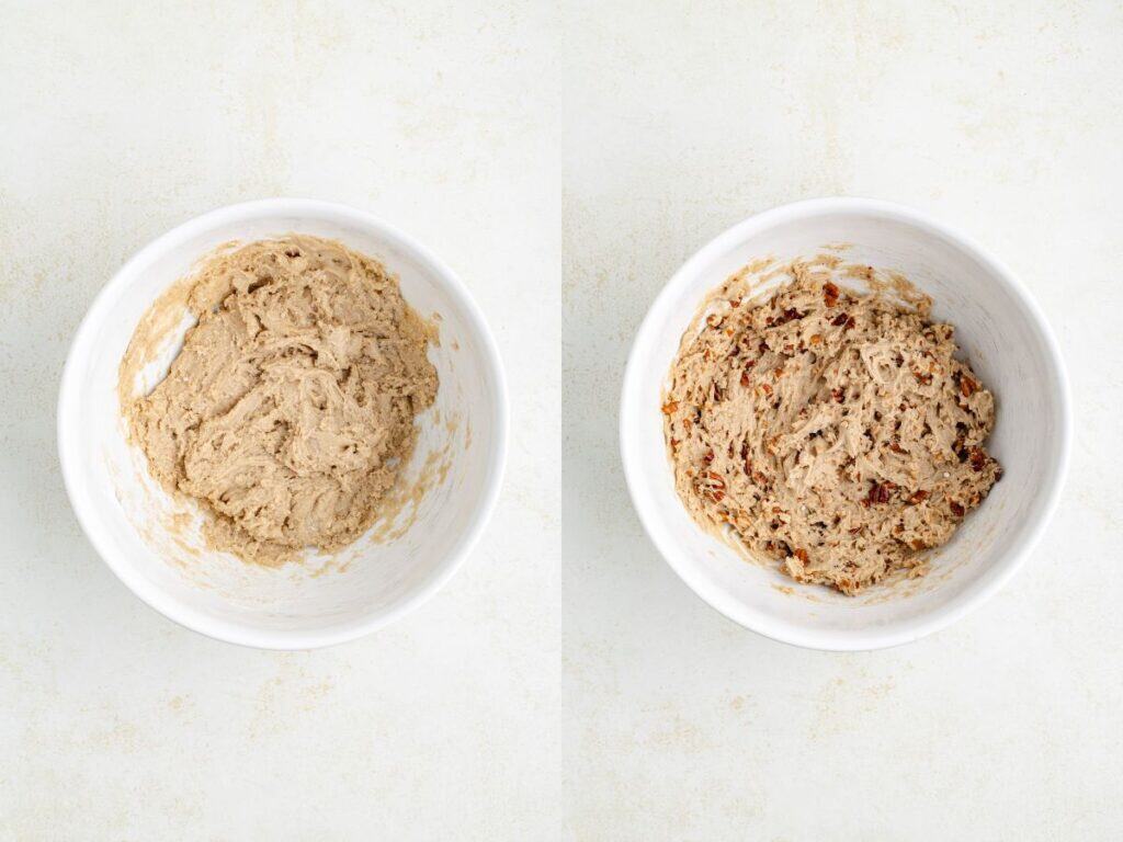 Two white bowls on a light surface, one with plain dough and one with pecan-speckled dough.