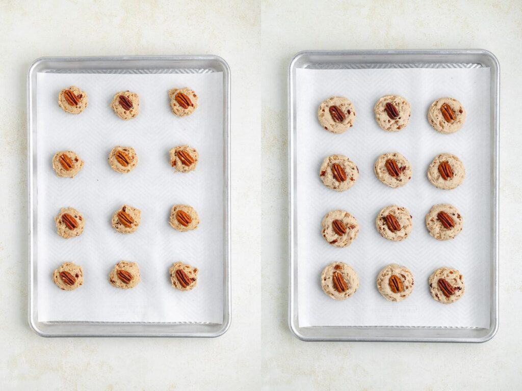 Two parchment-lined baking sheets with sixteen unbaked cookies each, topped with pecans and neatly arranged.