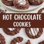 Plate of Hot Chocolate Cookies with melted marshmallow centers, some whole, some eaten; text: Hot Chocolate Cookies.