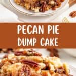 Pecan pie dump cake topped with vanilla ice cream and caramel sauce on a plate, pecans visible.