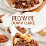 Pecan pie dump cake on a plate with vanilla ice cream, extra pecans, serving spoon, and text “Pecan Pie Dump Cake.”.