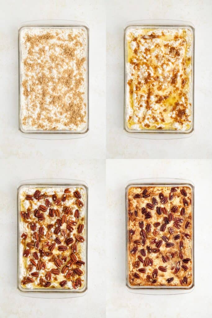 Four glass dishes display dessert stages: crumbs, syrup, pecans, and a final golden-brown baked layer.