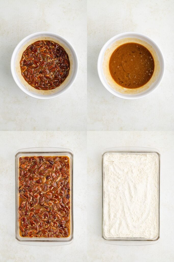 Four steps in a dessert recipe: two bowls with batter, two pans—one with pecans, one topped with cake mix.