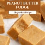 Close-up of creamy peanut butter fudge squares on parchment, with text overlay: "Microwave Peanut Butter Fudge.