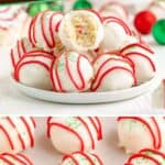 Christmas Tree Cake Balls with red drizzle and green sprinkles on plates; one is cut open, decorations behind.