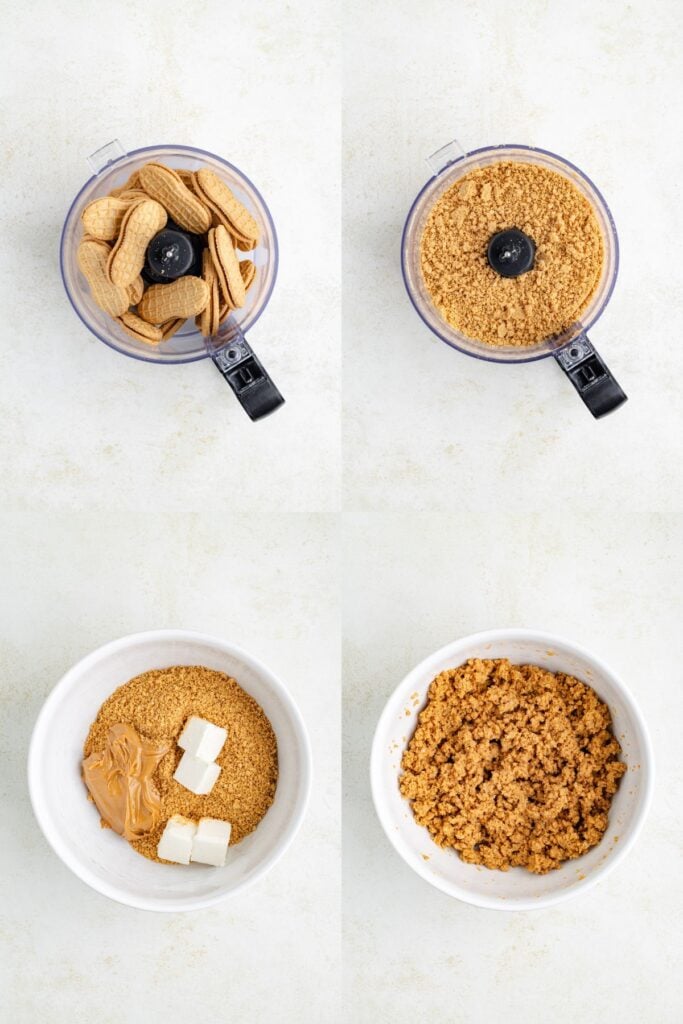 Cookies processed into crumbs, then mixed with peanut butter and butter in a bowl to form a crumbly mixture.