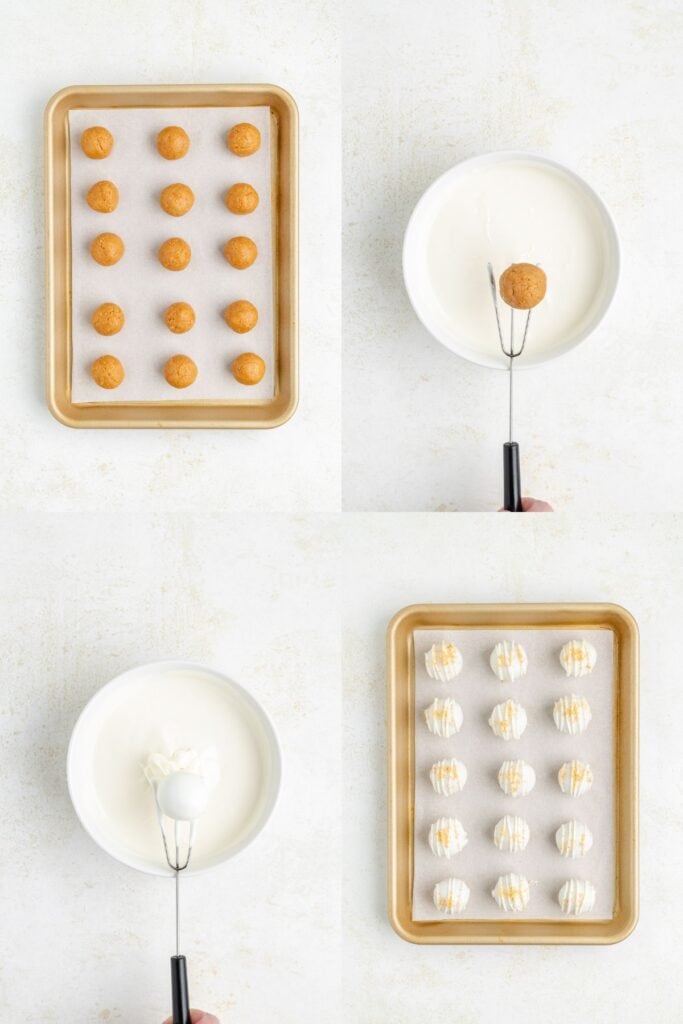 Four-step truffle process: baking, dipping in white coating, lifting out, and finished cookies drizzled with white chocolate.