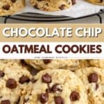 A stack of oatmeal chocolate chip cookies on a cooling rack, with gooey chips and oats visible.