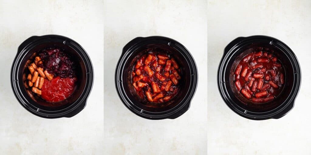 Three slow cookers in a row display stages: uncooked, partially mixed, and fully cooked cocktail sausages in sauce.