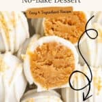 Close-up of white chocolate Nutter Butter Balls, one cut open to show peanut butter filling; no-bake dessert recipe.