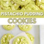 Stacked pistachio pudding cookies with white chocolate chips; one is lifted by a spatula from the tray.
