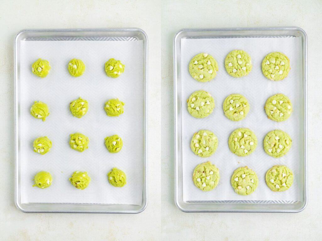 Unbaked cookie dough balls and baked cookies with white chips shown side by side on a tray.