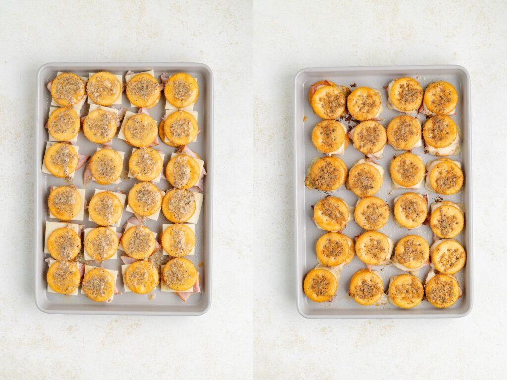 Two baking sheets display seasoned small sandwiches: left tray unbaked, right tray baked.