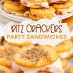 Plate of Ritz cracker sandwiches with ham and melted cheese, topped with seasoning. Text: Ritz Crackers Party Sandwiches.