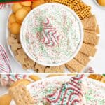 Bowl of Christmas Tree Cake Dip with red and green sprinkles, surrounded by cookies, crackers, and pretzels.