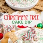 Bowl of Christmas tree cake dip with red and green sprinkles, surrounded by cookies and graham crackers. Text present.