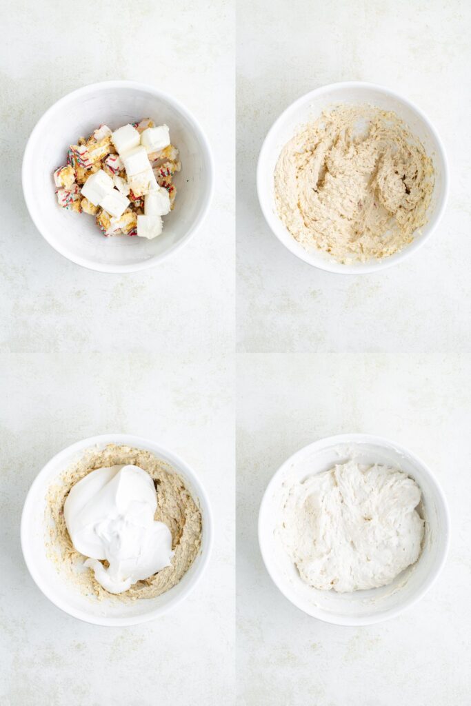 Four panels show ingredients being mixed in a white bowl, from chopped pieces to a smooth batter.