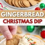 Bowl of gingerbread dip with sprinkles, surrounded by cookies and a hand dipping a cookie.