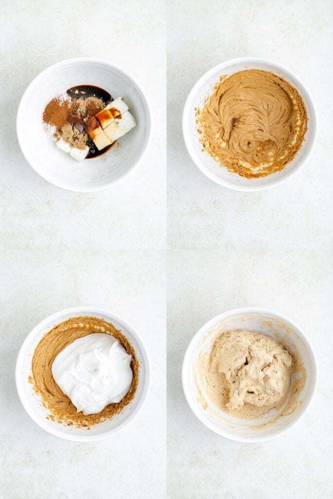 Four panels show baking ingredients in a white bowl being mixed into a smooth batter.