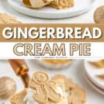 Gingerbread Pie slice with whipped cream and a cookie, additional pie and cookies blurred in the background.