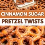 Spatula lifts cinnamon sugar-coated pretzels from tray; close-up shows sparkling cinnamon sugar on twists.