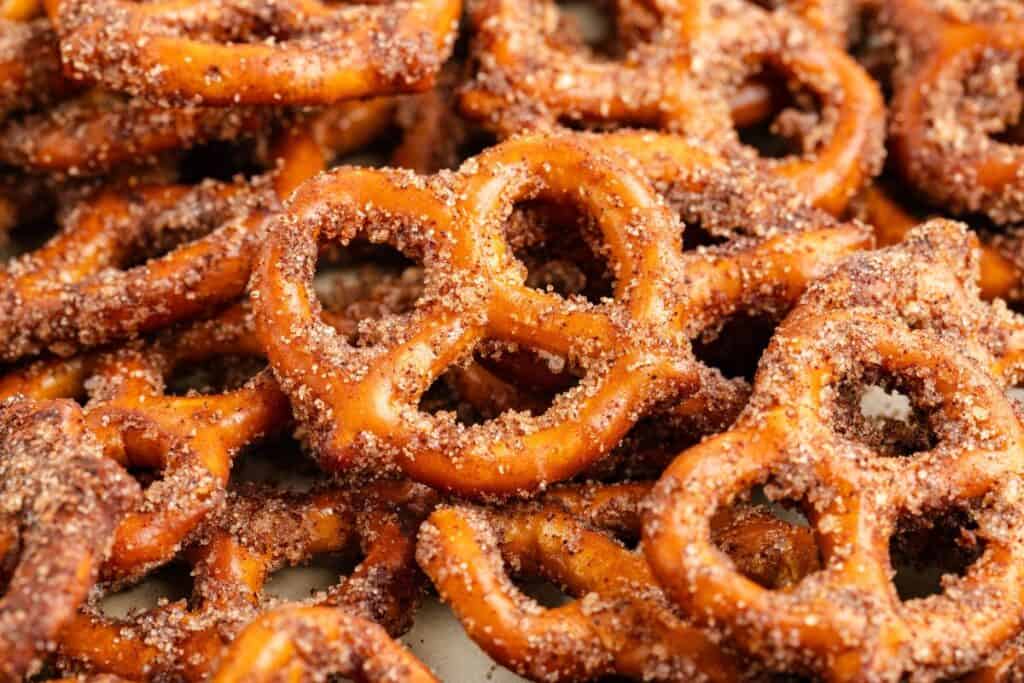 Close-up of salted pretzels with cinnamon and sugar.
