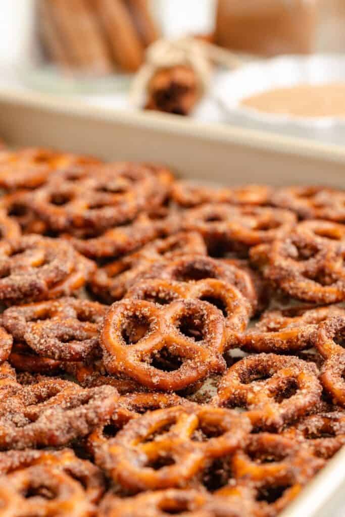 Close-up of small pretzels with cinnamon and sugar on a tray.