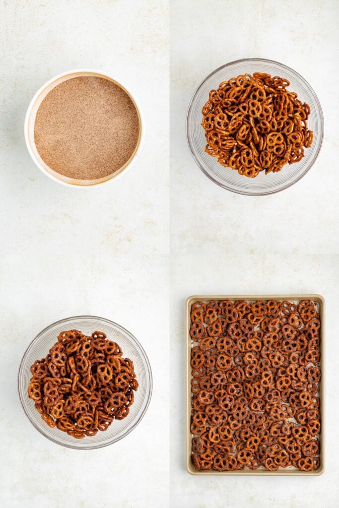 Four images: cinnamon sugar, pretzels, pretzels coated in sugar, and sugared pretzels on a baking sheet.