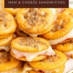 Plate of Ritz Cracker Sandwiches with ham, melted cheese, black pepper; labeled Ritz Party Crackers: Ham & Cheese.