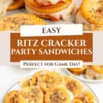 A plate of Ritz Cracker Sandwiches with ham, melted cheese, and seasoning—perfect for parties or Game Day.