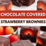 Brownies topped with whole strawberries and shiny chocolate ganache, arranged on a white surface.