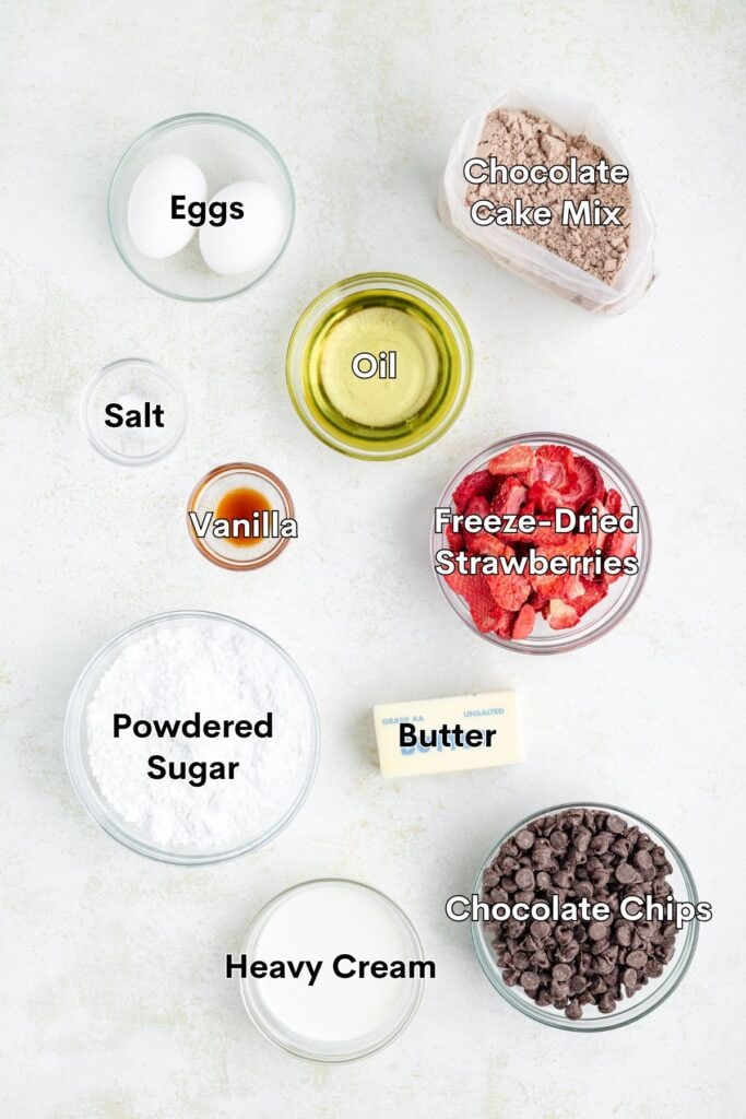 Overhead view of labeled baking ingredients: eggs, cake mix, oil, strawberries, chocolate chips, butter, and cream.
