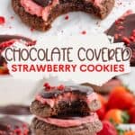 Stack of chocolate cookies with pink strawberry frosting and chocolate glaze, one cookie has a bite taken out.