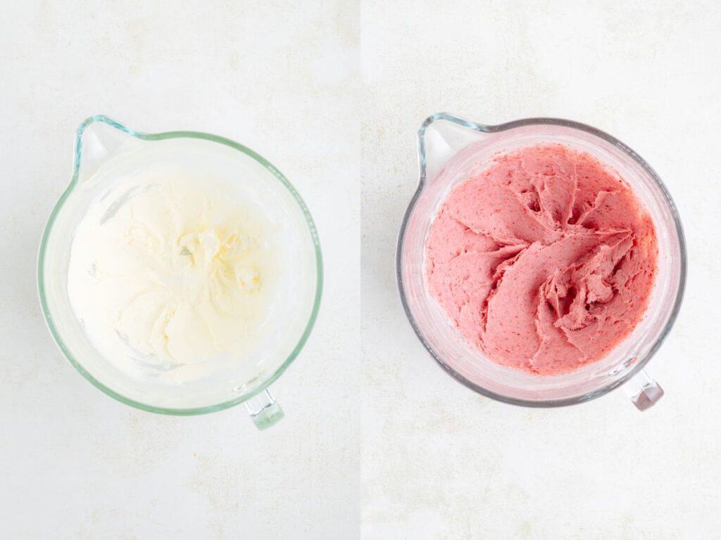 Two glass bowls side by side, one with white cream and one with pink cream, on a light surface.