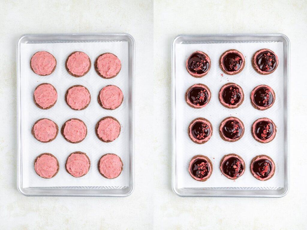 Two trays, each with twelve round cookies: left with pink tops, right topped with chocolate ganache.