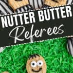 Nutter Butter cookies decorated as referees with icing and candy eyes sit on green coconut grass.