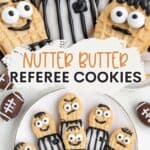 Nutter Butter cookies decorated as referees on a plate, surrounded by small football-themed treats.
