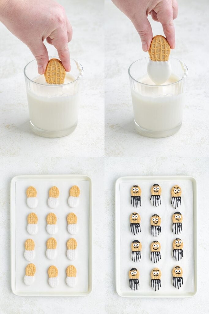Four-panel image of peanut-shaped cookies dipped in white coating, arranged, and decorated as referees with colored icing.