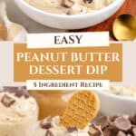 Peanut Butter Fluff dessert dip in bowl and glasses with mini peanut butter cups, cookies, and 5 ingredient label.