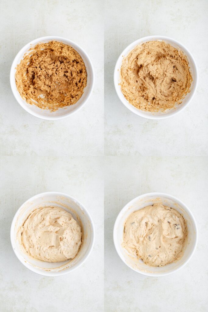 Four white bowls holding cookie dough at four stages, from rough and grainy to smooth and creamy.