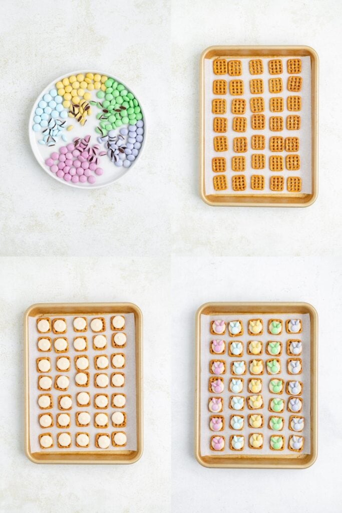 Easter pretzel treats in four steps: pastel candies, pretzels, white chocolate topping, and finished treats.