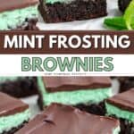 Mint brownies with mint green frosting and chocolate ganache, cut in squares on a white surface with mint leaves.