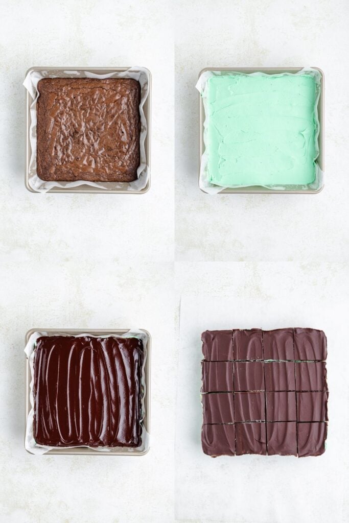 Four-step process of making mint brownies: brownie base, mint frosting, ganache, and cut finished squares.