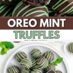 Mint Oreo Truffles on a plate, coated in chocolate and green drizzle, some cut open, garnished with mint leaves.