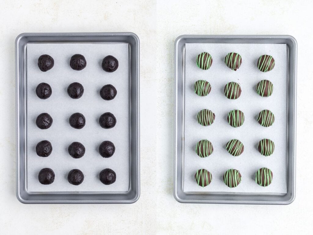 Two baking trays: one with Oreo balls, the other with dipped truffles.