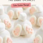 Bunny Butt Truffles with marshmallow tails and pink paws, shown as a no-bake Easter dessert with text overlay.