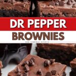 Close-up of Dr Pepper brownies topped with chocolate chips; one brownie has a bite taken out. Text: DR PEPPER BROWNIES.
