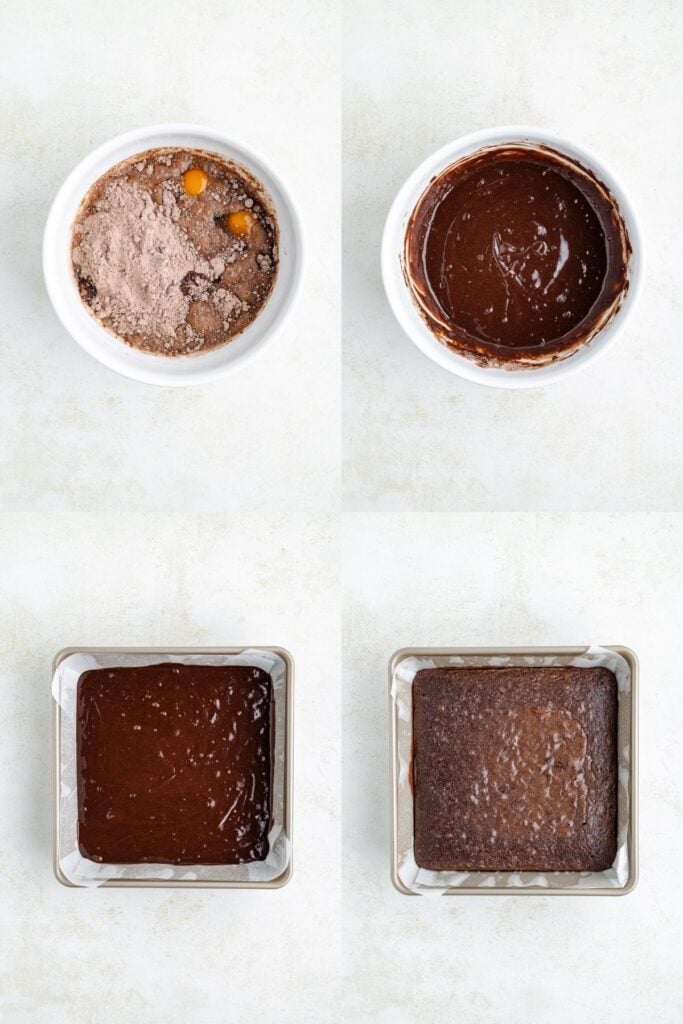 Four images show making brownies: mixing, stirring batter, pouring into a pan, and the finished baked brownie.