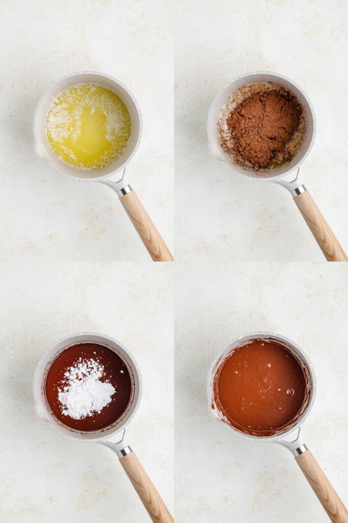 Saucepan process: melted butter, then cocoa powder, powdered sugar, and finally a smooth chocolate mixture.