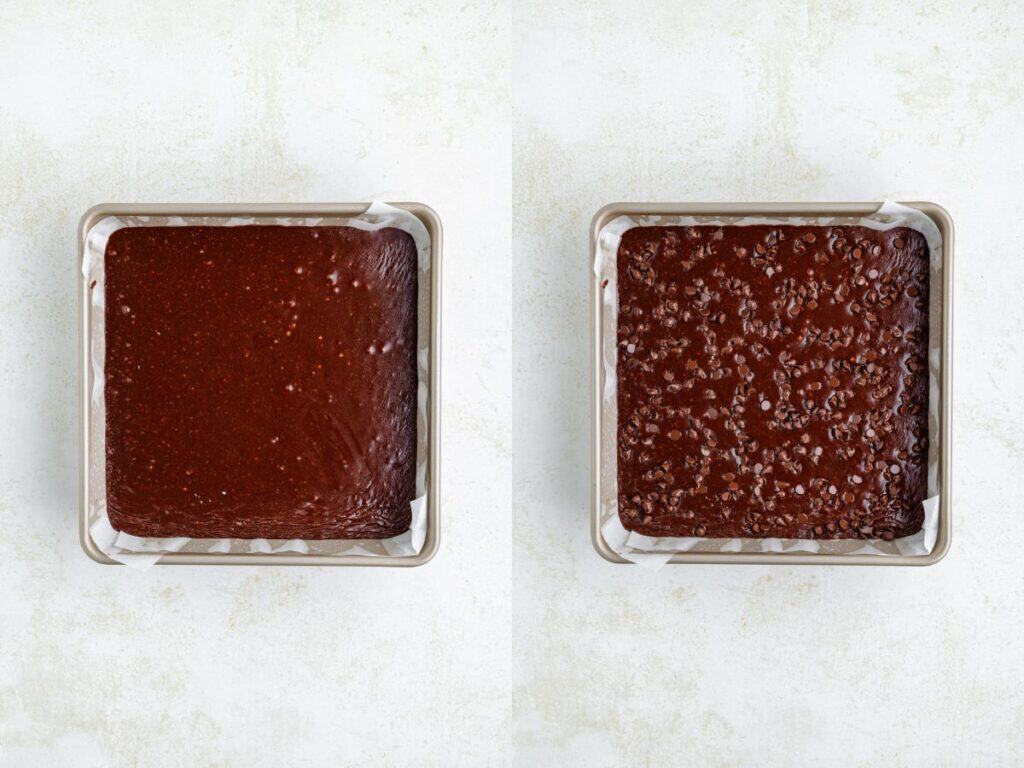 Square pan with chocolate batter before and after baking, side by side, on a light background.